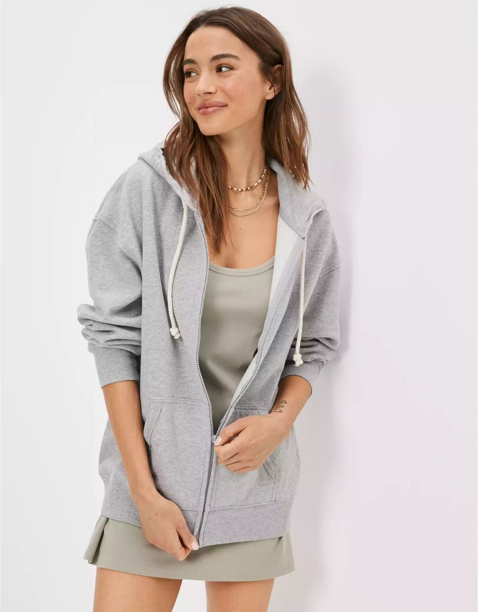 Sweat à Capuche American Eagle AE Oversized Zip-Up Grise Femme | RMP-42090742